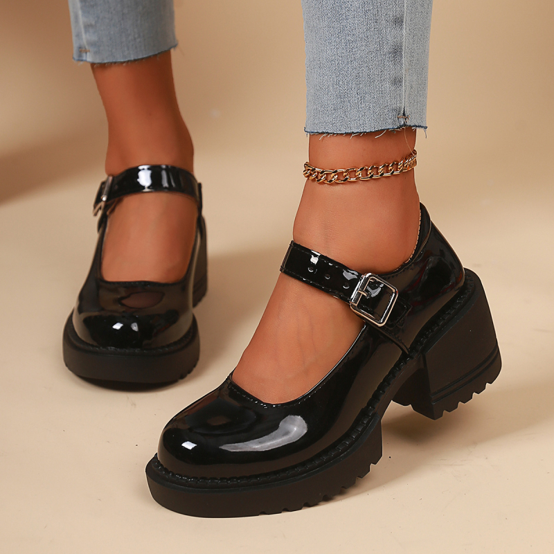 Mary Jane femei tocuri înalte 2025 primăvara nou stil european și american curea unică vârf rotund talpă groasă toc gros pantofi de mărime mare