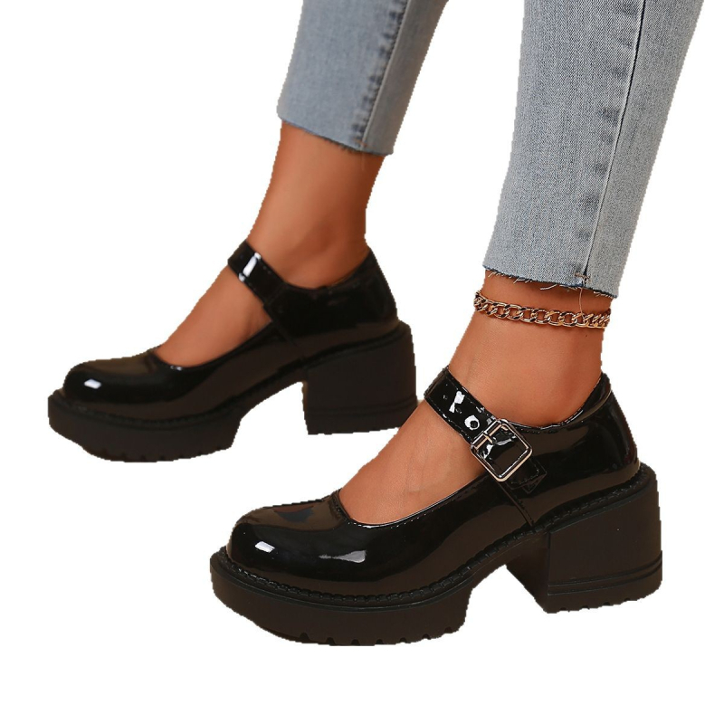 Mary Jane femei tocuri înalte 2025 primăvara nou stil european și american curea unică vârf rotund talpă groasă toc gros pantofi de mărime mare