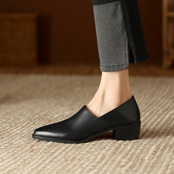 Nove proljetne i jesenske cipele s debelim petama, moderne jednoslojne cipele s retro špicastim uzorkom, mokasine od meke kože za žene, za proljeće i jesen 2024.
