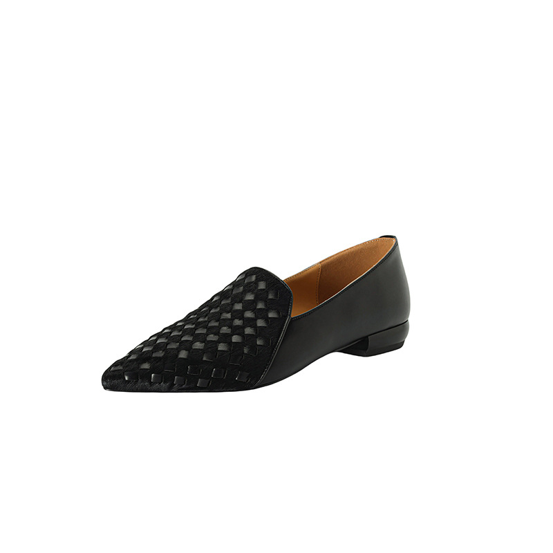 Jesen 2024. Nove vintage špicaste smeđe ravne cipele od pletene kravlje kože s konjskom dlakom, plitkim mekim potplatom za žene