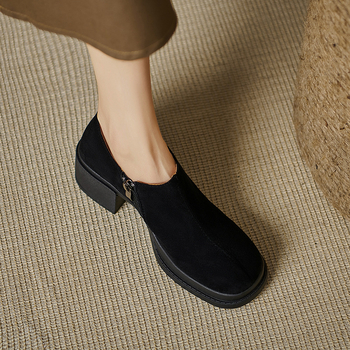 Vintage παπούτσια με παγωμένο χοντρό τακούνι, μονής στρώσης, γυναικεία πλατφόρμα, casual δερμάτινα παπούτσια, άνοιξη και φθινόπωρο 2024, ψηλοτάκουνα παπούτσια με βαθύ στόμα, Naked μπότες