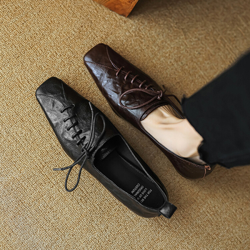 ~ Γαλλικά ρετρό ~ Γυναικεία παπούτσια με χαμηλό τακούνι και κορδόνια άνοιξη/καλοκαίρι 2024, τετράγωνη μύτη, βαθύ στόμα, casual, χοντρό τακούνι, απαλή δερμάτινη επιφάνεια, φθινοπωρινά παπούτσια