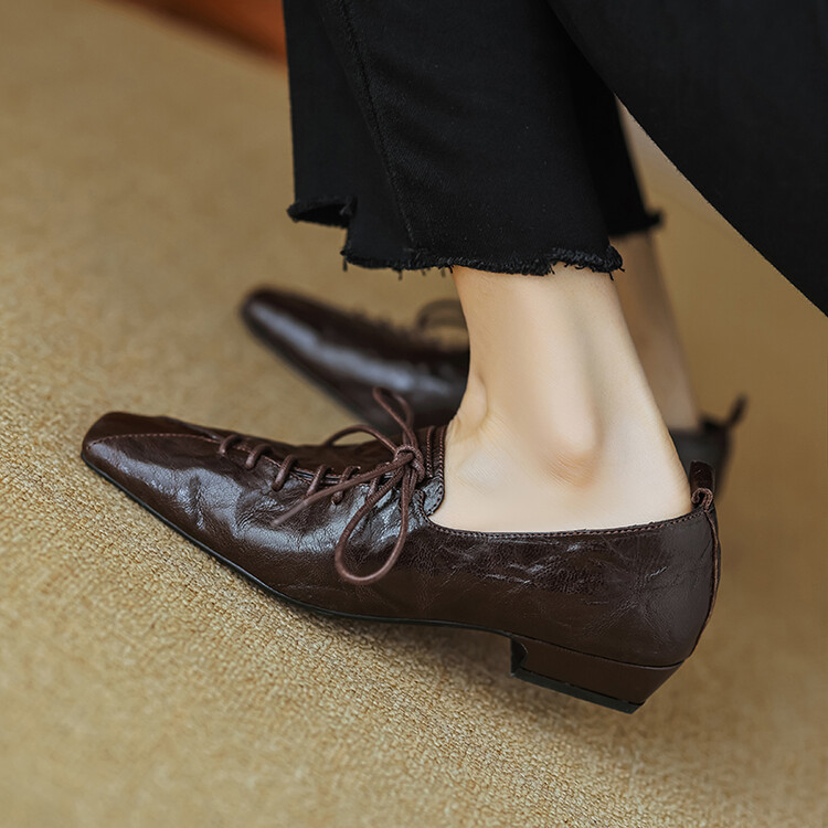 ~ Pantofi retro francezi ~ 2024 primăvară/vară, cu toc jos, vârf pătrat, cu deschidere adâncă, casual, cu toc gros, suprafață moale, pantofi din piele, toamnă