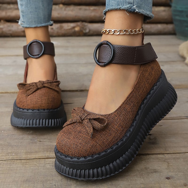 Pantofi de vară 2025, stil britanic, cu talpă groasă, cataramă cu o singură linie, imprimați Mary Jane, mocasini cu fundă superficială, pantofi pentru femei