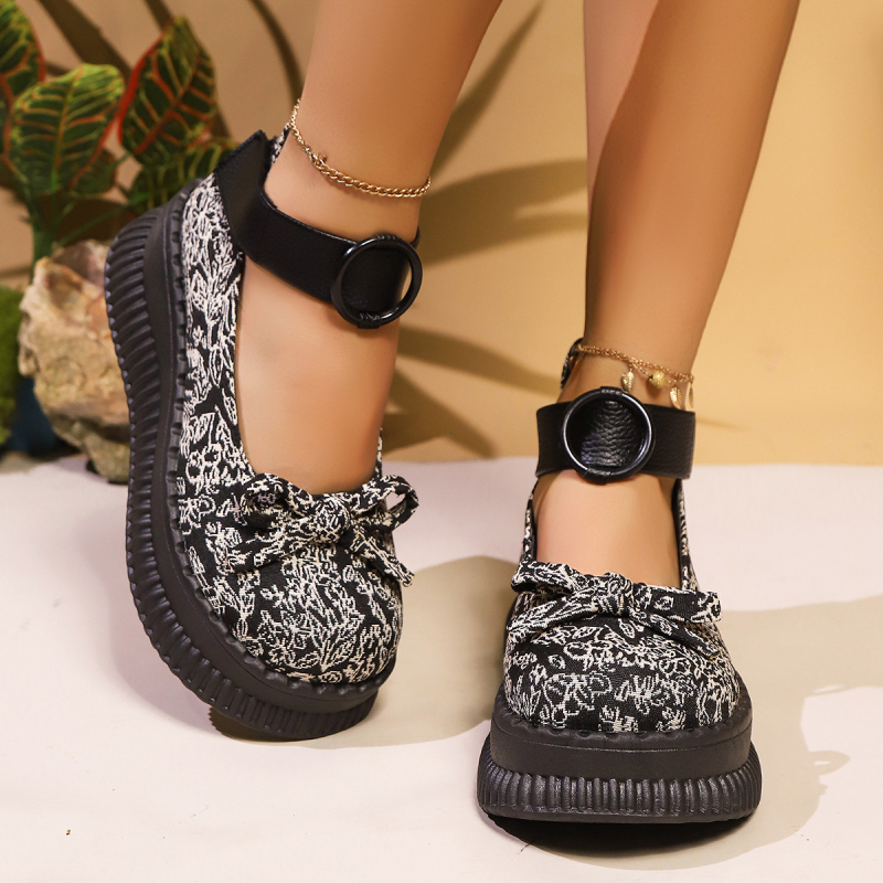 Pantofi de vară 2025, stil britanic, cu talpă groasă, cataramă cu o singură linie, imprimați Mary Jane, mocasini cu fundă superficială, pantofi pentru femei