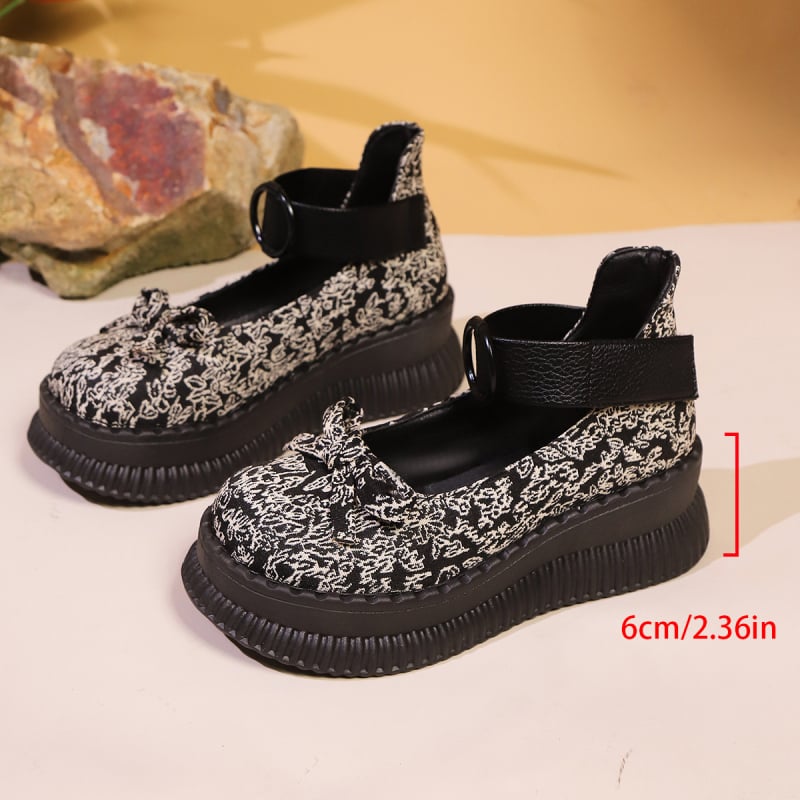 Pantofi de vară 2025, stil britanic, cu talpă groasă, cataramă cu o singură linie, imprimați Mary Jane, mocasini cu fundă superficială, pantofi pentru femei