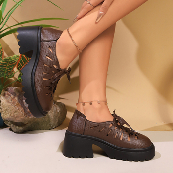 Νέα Casual Γυναικεία Παπούτσια Εξωτερικού Εμπορίου με Κούφια Χοντρή Σόλα και Δαντέλα, Χοντρά Τακούνια, Μεγάλο Μέγεθος, Δερμάτινα Παπούτσια με Ψηλοτάκουνα, Wish