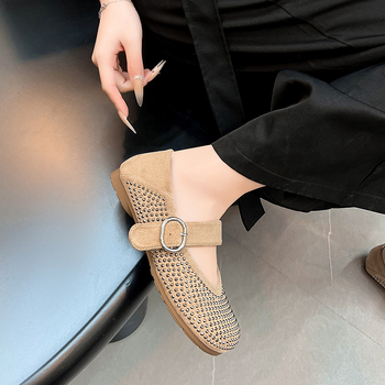 Pantofi transfrontalieri cu model din piele întoarsă cu strasuri, mărime mare, pentru femei, pantofi Birkenstock, populari pentru primăvară și vară, noi, cu plată, balet Mary Jane