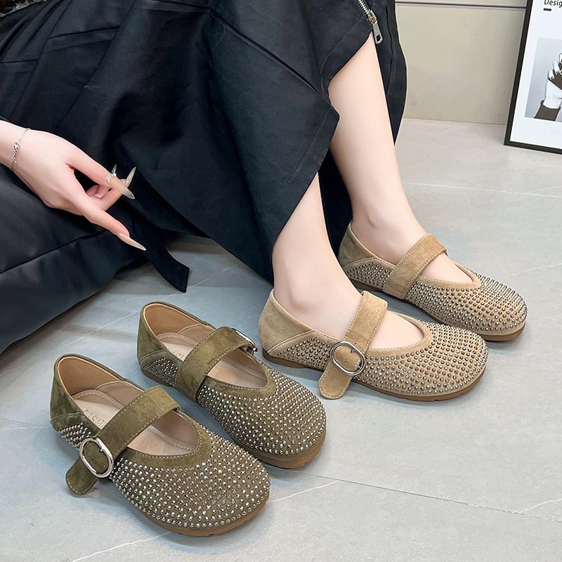 Pantofi transfrontalieri cu model din piele întoarsă cu strasuri, mărime mare, pentru femei, pantofi Birkenstock, populari pentru primăvară și vară, noi, cu plată, balet Mary Jane