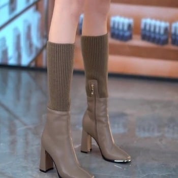Pletene čizme s visokom petom za žene, proljeće i jesen, nove britanske čizme s četvrtastim vrhom i visokom petom, debelom petom i patentnim zatvaračem sa strane