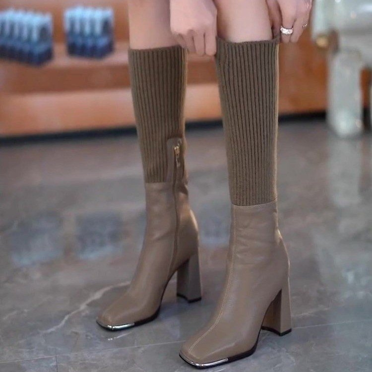Pletene čizme s visokom petom za žene, proljeće i jesen, nove britanske čizme s četvrtastim vrhom i visokom petom, debelom petom i patentnim zatvaračem sa strane
