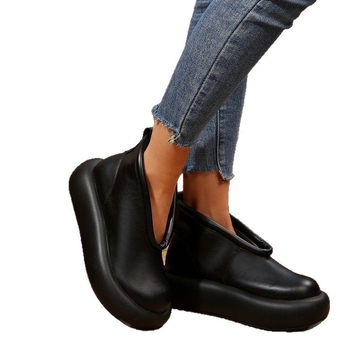 Γυναικεία vintage, κοντές μπότες από μαλακό δέρμα, 2025, σε νέο έθνικ στιλ, χειροποίητα, με μεγάλη, στρογγυλή μύτη, χοντρό κάτω μέρος, ψηλοτάκουνα παπούτσια, μποτάκια με πλατφόρμα και τακούνι.