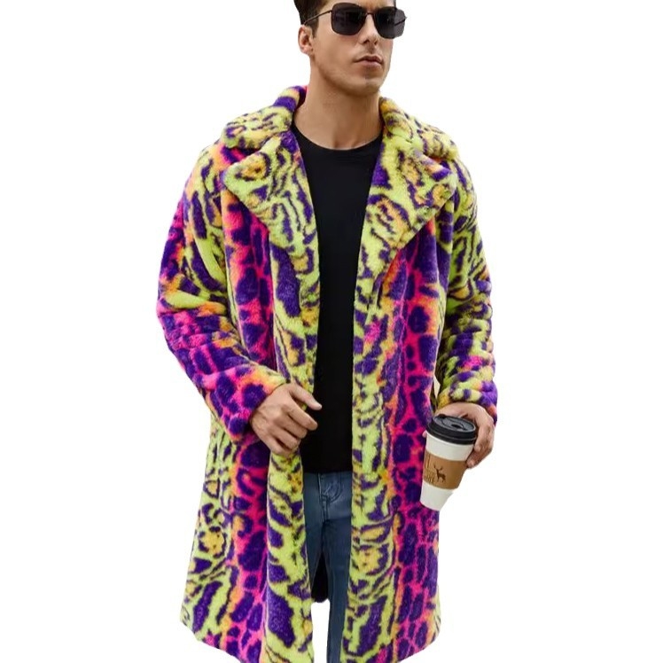 Cj Cross-Border F0774 vyriški spalvingi leopardo rašto dirbtinio kailio viršutiniai drabužiai su atlapu ir kailio imitacija.