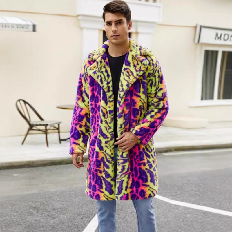 Cj Cross-Border F0774 Jachetă bărbătească din blană artificială, cu imprimeu leopard colorat, lungime medie, cu rever, din blană artificială