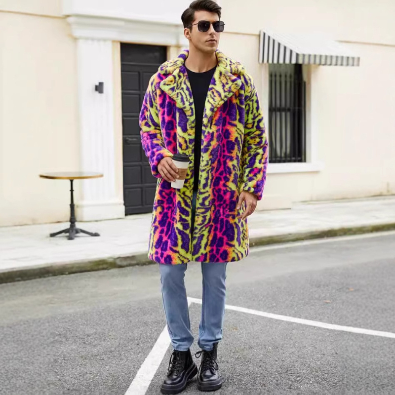 Cj Cross-Border F0774 vyriški spalvingi leopardo rašto dirbtinio kailio viršutiniai drabužiai su atlapu ir kailio imitacija.