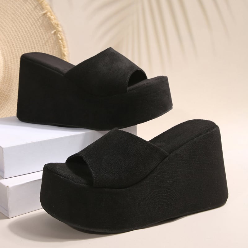 Papuci cu toc gros și talpă plată pentru femei, sandale de plajă din pânză de culoare pură, cu toc înalt, casual și versatile, pentru comerț exterior european și american