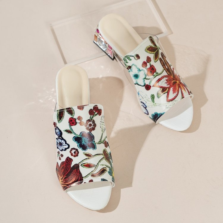 Modne sandale i papuče s debelom petom, plus size europskog i američkog stila, ženske vanjske cipele s cvjetnim printom i srednjom petom