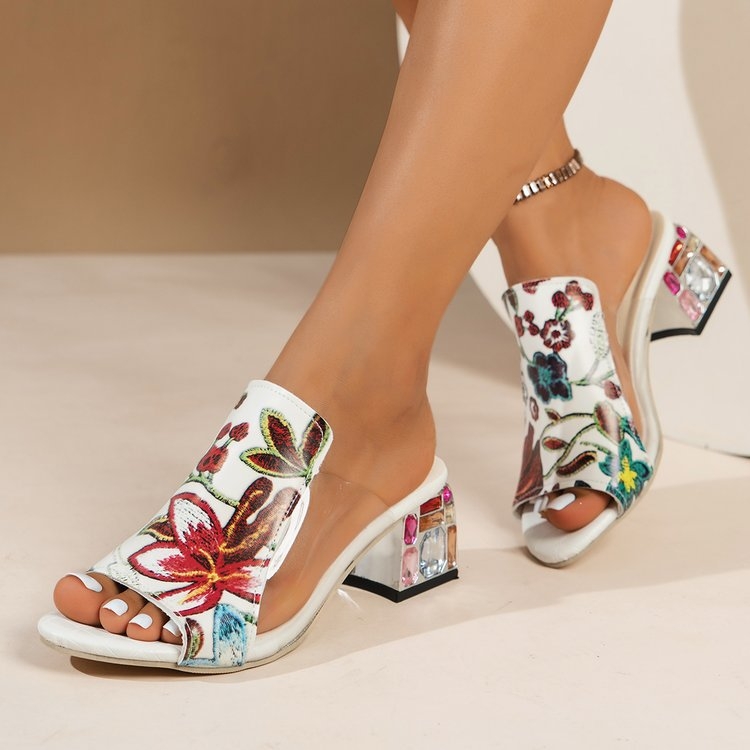 Modne sandale i papuče s debelom petom, plus size europskog i američkog stila, ženske vanjske cipele s cvjetnim printom i srednjom petom