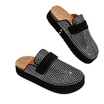 2025 Νέα Αντιολισθητικά, Casual, Μαύρα, Άνετα, Ευέλικτα, Μοντέρνα, Στρας, Κλειστά Δάχτυλα, Χοντρή Σόλα, Mules που Αυξάνουν το Ύψος