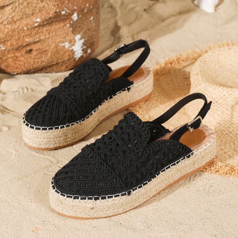 Sandale de vară 2025, stil nou, din cânepă, cu talpă groasă, închise, fără spate, cu cataramă țesută cu o singură curea pentru femei, pantofi casual de pescar cu design gol