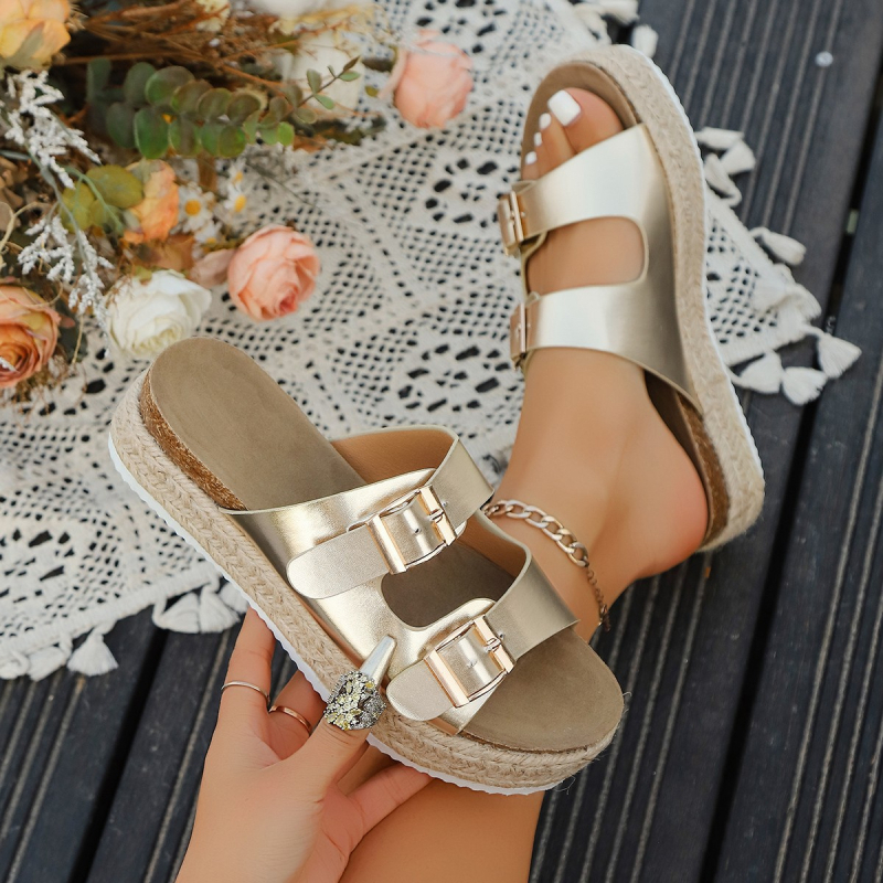 Cross-Border 2025 Ljeto Nove ženske papuče od pluta s debelim potplatom Ženske sandale za plažu Tkane matirane cipele s dvostrukim gumbima