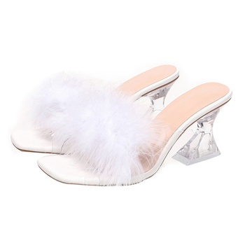 Νέα απλά ψηλοτάκουνα γυναικεία σανδάλια εξωτερικού εμπορίου, μοντέρνα, μονοκόμματα σανδάλια και παντόφλες με χοντρό τακούνι και κρυστάλλινο τακούνι, γαλλικές μισές παντόφλες για εξωτερική χρήση