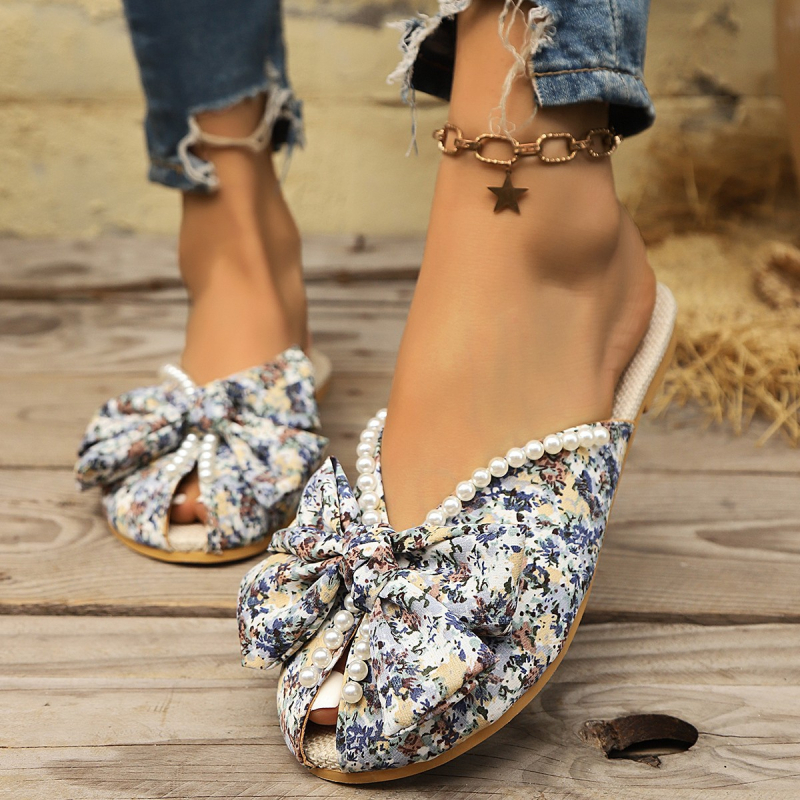 Ljetne ravne papuče s cvjetnim bisernim prstima u korejskom stilu za žene s mašnom, velike veličine, vanjska odjeća, natikače, neovisna stanica