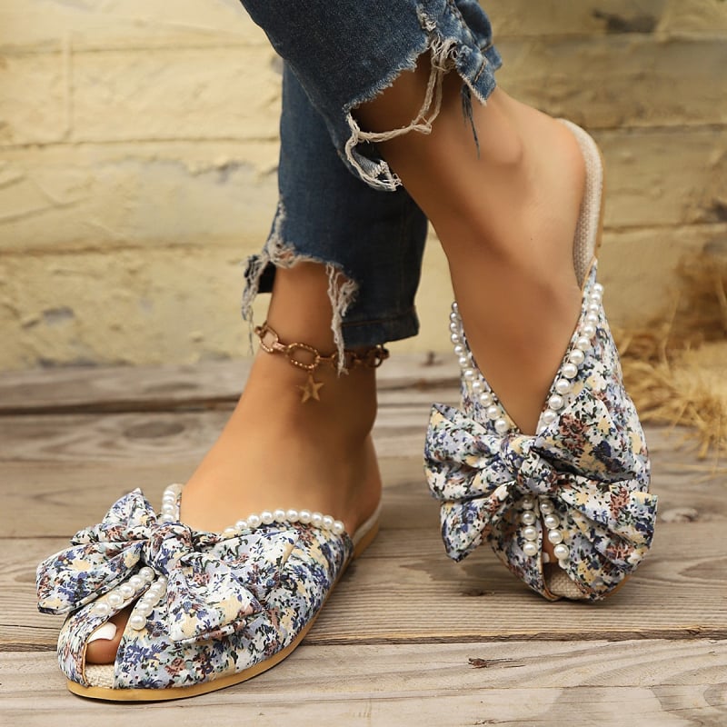 Ljetne ravne papuče s cvjetnim bisernim prstima u korejskom stilu za žene s mašnom, velike veličine, vanjska odjeća, natikače, neovisna stanica