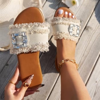 Sandale aspre transfrontaliere plus size pentru femei, vara 2025, sandale plate de înaltă calitate, cu cataramă cu strasuri, respirabile, din material textil