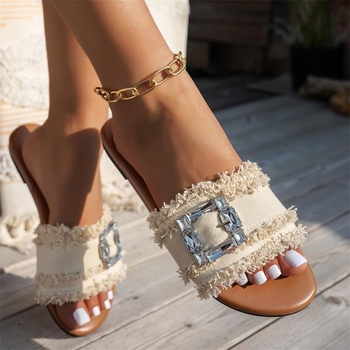 Sandale aspre transfrontaliere plus size pentru femei, vara 2025, sandale plate de înaltă calitate, cu cataramă cu strasuri, respirabile, din material textil