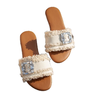 Sandale aspre transfrontaliere plus size pentru femei, vara 2025, sandale plate de înaltă calitate, cu cataramă cu strasuri, respirabile, din material textil