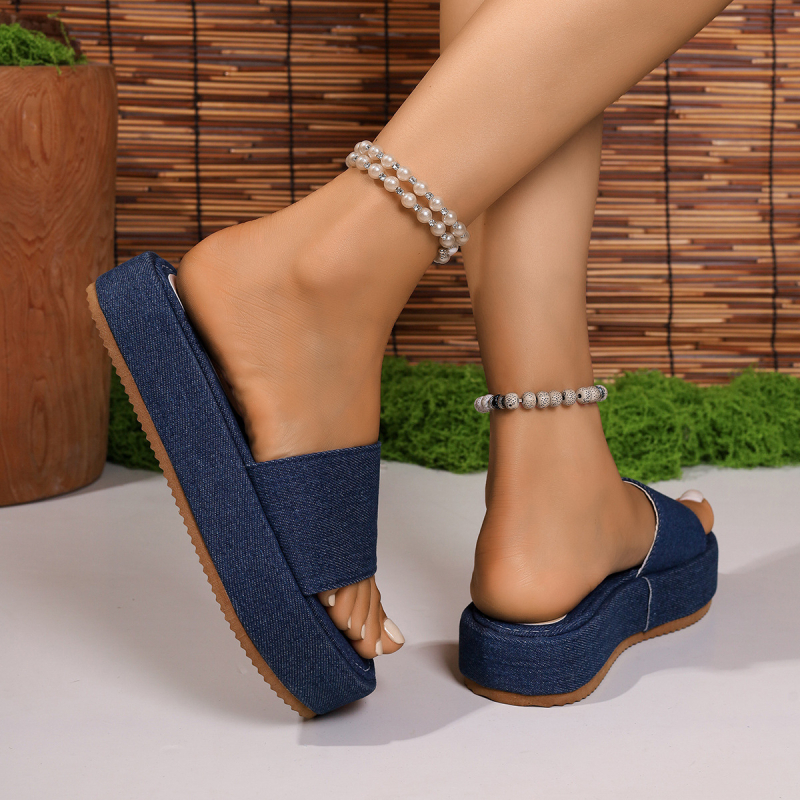 Papuci de damă cu platformă versatilă, de vară, cu platformă, de dimensiuni mari, din denim, albastru, europene și americane, pentru vară, cu o singură linie