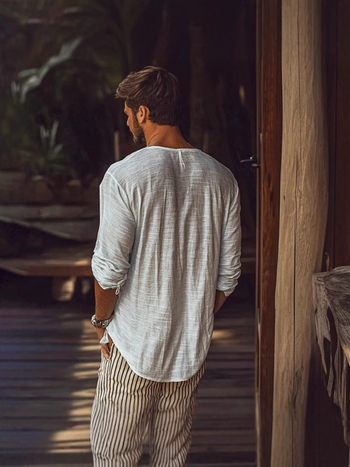 Διασυνοριακό Ευρωπαϊκό και Αμερικανικό Μεγάλο Άνοιξη Ανδρικό T-Shirt με Λεπτό, Αναπνέον V-Neck, Casual, Μακρυμάνικο, Υπόλευκο, Ανοιχτόχρωμη, Ώριμη, Casual