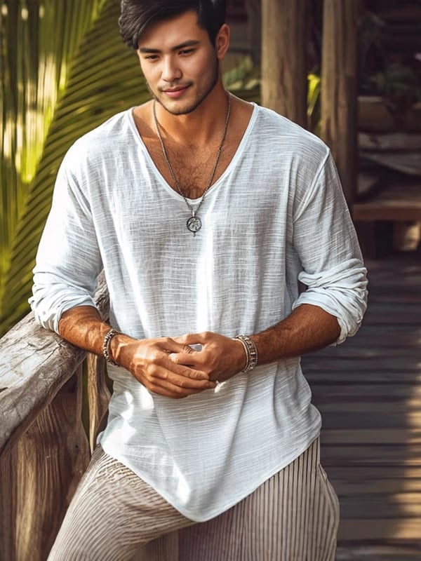 Tricou bărbați cu mânecă lungă, stil european și american transfrontalier, de mărime mare, de culoare pură, subțire, respirabil, cu guler în V, casual, alb-gălbui, ușor, matur, casual