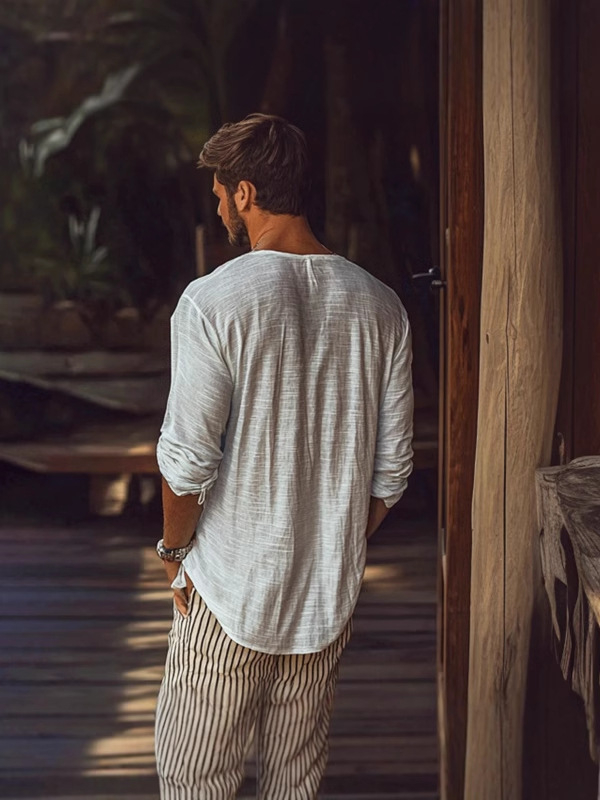 Tricou bărbați cu mânecă lungă, stil european și american transfrontalier, de mărime mare, de culoare pură, subțire, respirabil, cu guler în V, casual, alb-gălbui, ușor, matur, casual