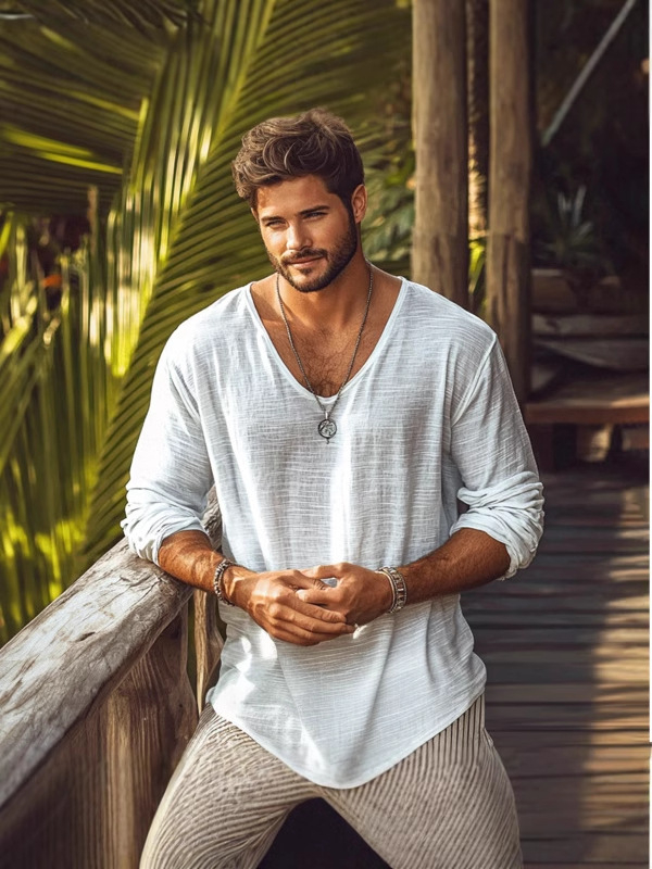 Tricou bărbați cu mânecă lungă, stil european și american transfrontalier, de mărime mare, de culoare pură, subțire, respirabil, cu guler în V, casual, alb-gălbui, ușor, matur, casual