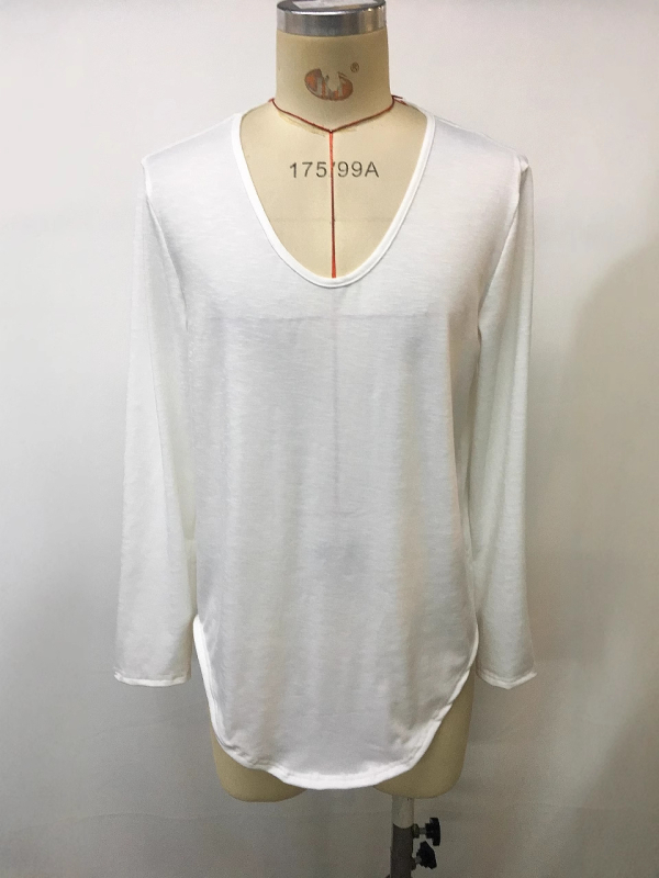 Tricou bărbați cu mânecă lungă, stil european și american transfrontalier, de mărime mare, de culoare pură, subțire, respirabil, cu guler în V, casual, alb-gălbui, ușor, matur, casual