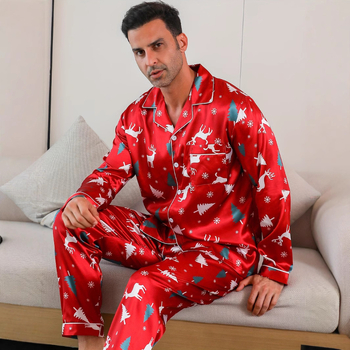 Set de pijamale bărbătesc - bluză și pantaloni cu mânecă lungă și nasturi, confortabil pentru toamnă și iarnă, lavabil la mașină, casual și versatil