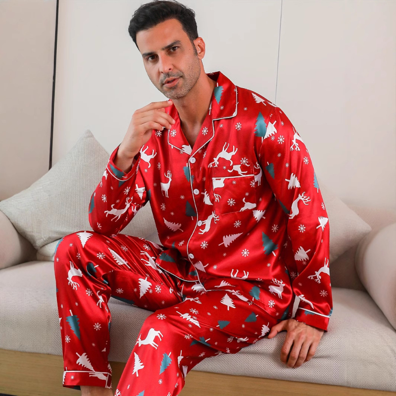 Set de pijamale bărbătesc - bluză și pantaloni cu mânecă lungă și nasturi, confortabil pentru toamnă și iarnă, lavabil la mașină, casual și versatil