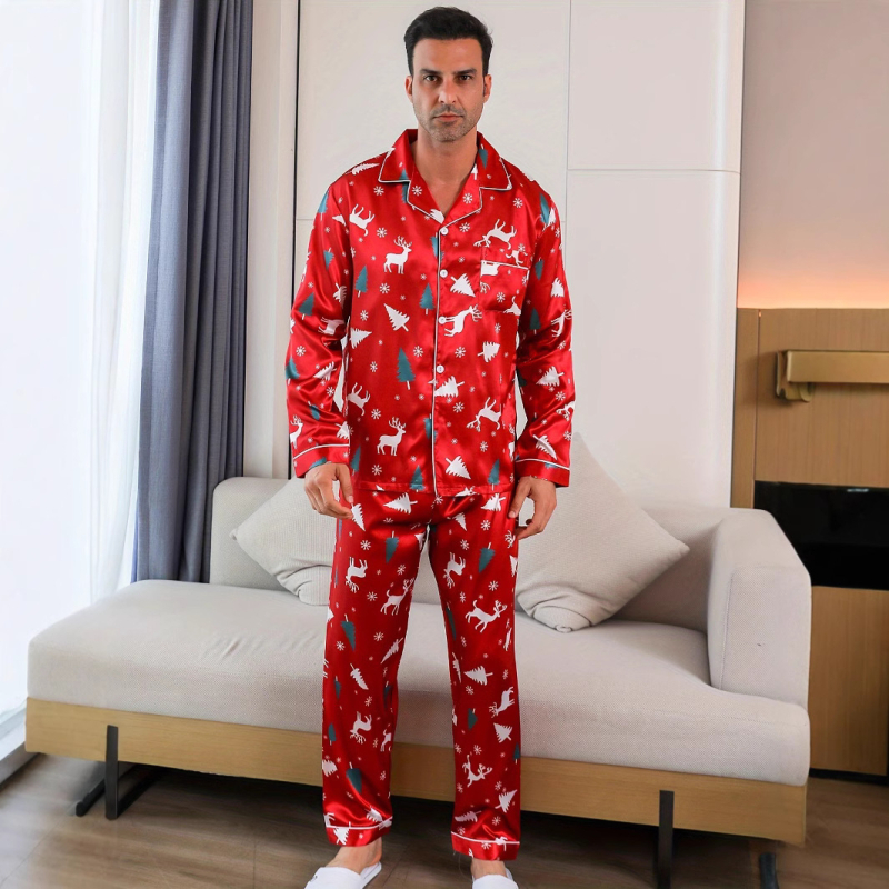 Set de pijamale bărbătesc - bluză și pantaloni cu mânecă lungă și nasturi, confortabil pentru toamnă și iarnă, lavabil la mașină, casual și versatil