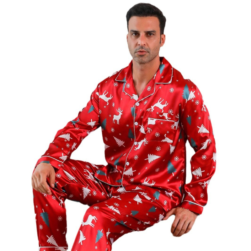 Set de pijamale bărbătesc - bluză și pantaloni cu mânecă lungă și nasturi, confortabil pentru toamnă și iarnă, lavabil la mașină, casual și versatil