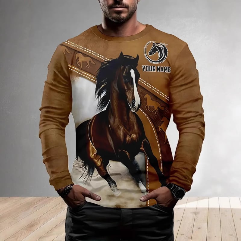 Tricou cu mânecă lungă casual și confortabil pentru bărbați, cu imprimeu 3D cu cal, de primăvară și toamnă, 2025, vânzare fierbinte, îmbrăcăminte transfrontalieră pentru bărbați