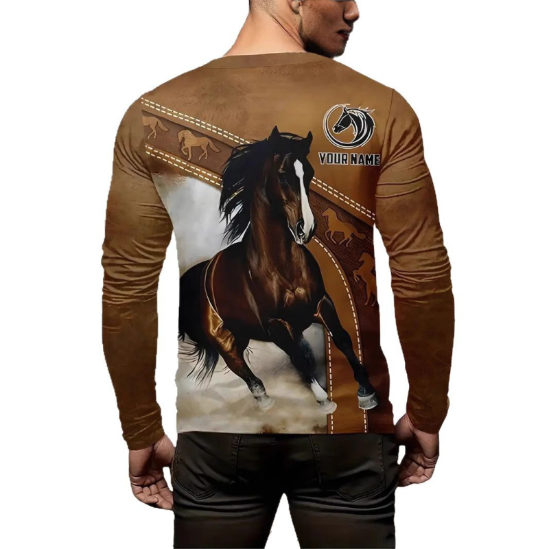 Tricou cu mânecă lungă casual și confortabil pentru bărbați, cu imprimeu 3D cu cal, de primăvară și toamnă, 2025, vânzare fierbinte, îmbrăcăminte transfrontalieră pentru bărbați