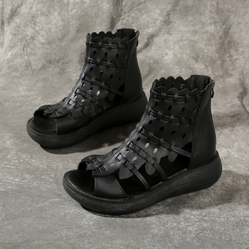 Σανδάλια πρώτης στρώσης από δέρμα με υφαντό ρωμαϊκό πλέγμα για γυναίκες, καλοκαίρι, νέα γυναικεία σανδάλια με χοντρή σόλα και ψηλή κοίλη επένδυση, αναπνεύσιμα