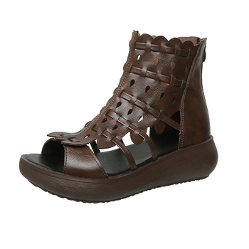 Σανδάλια πρώτης στρώσης από δέρμα με υφαντό ρωμαϊκό πλέγμα για γυναίκες, καλοκαίρι, νέα γυναικεία σανδάλια με χοντρή σόλα και ψηλή κοίλη επένδυση, αναπνεύσιμα