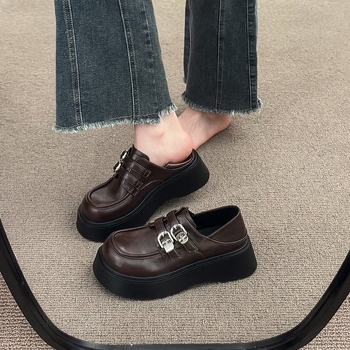 Νέα παπούτσια Deep Mouth για την άνοιξη του 2025, με στρογγυλή μύτη, πλατφόρμα και κάτω μέρος, από PU καουτσούκ, δερμάτινα παπούτσια Deep Mouth με αγκράφα