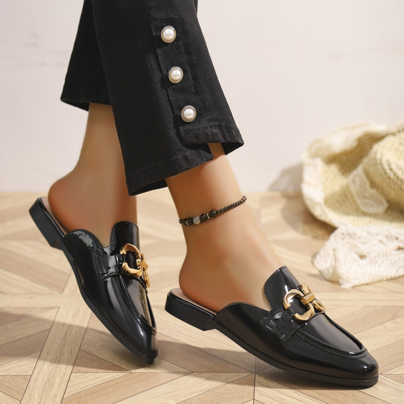 Sandale plate cu vârful închis, în stil francez, pentru purtare zilnică, pantofi de birou fără mâneci pentru femei, cu decorațiuni metalice, respirabile și ușoare