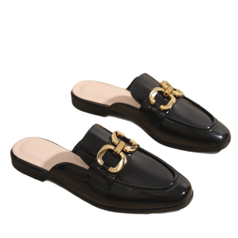 Sandale plate cu vârful închis, în stil francez, pentru purtare zilnică, pantofi de birou fără mâneci pentru femei, cu decorațiuni metalice, respirabile și ușoare