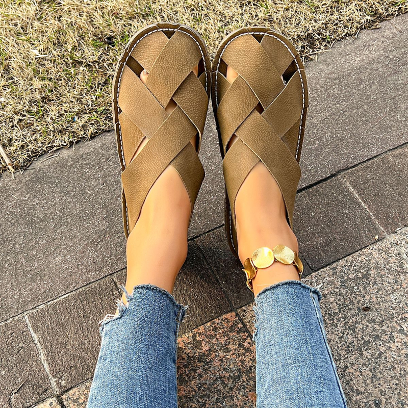 Sandale Baotou pentru femei, mărimea 35-42, vara 2025, culoare pură retro, țesute manual, cu vârf rotund, casual