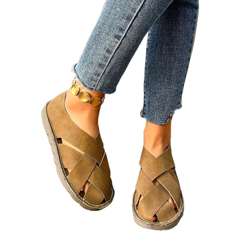 Sandale Baotou pentru femei, mărimea 35-42, vara 2025, culoare pură retro, țesute manual, cu vârf rotund, casual